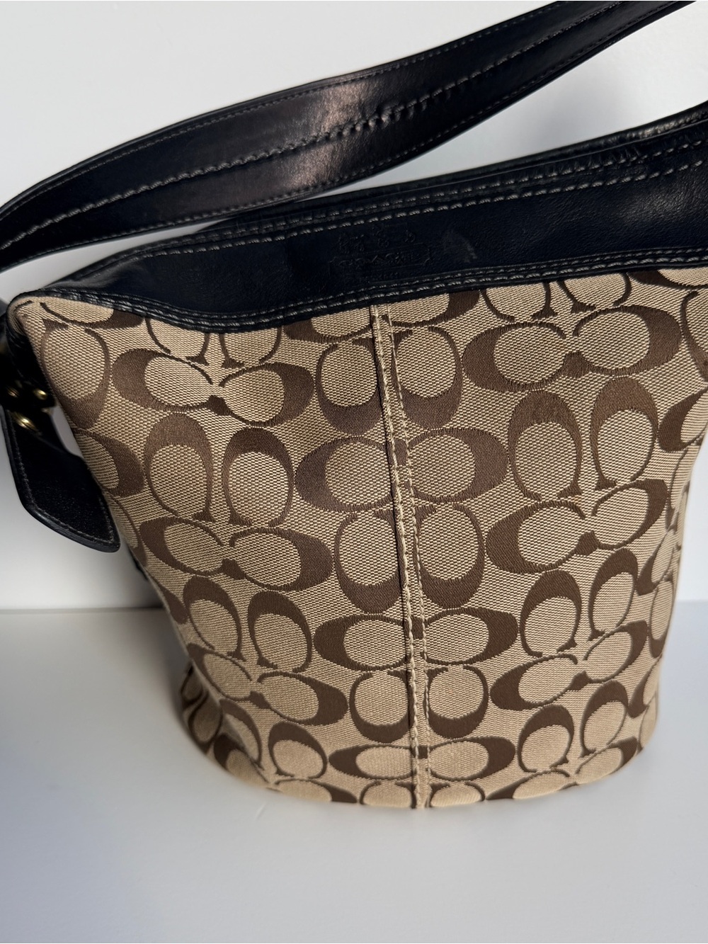 Coach Signature Canvas Bucket Shoulder Bag in Brown and Black
